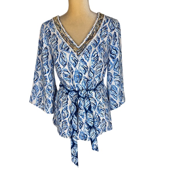 Lilly Pulitzer Resort White Kailen Top Drop In Blue Shells Embellished Tie Waist - Picture 3 of 13